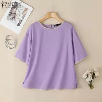 ZANZEA Женская повседневная летняя блузка с коротким рукавом и круглым вырезом S тёмно-синий
