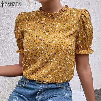ZANZEA Женская повседневная летняя блузка с коротким рукавом и круглым вырезом с цветочным принтом