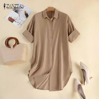 ZANZEA Женская повседневная летняя блузка с коротким рукавом и отложным воротником