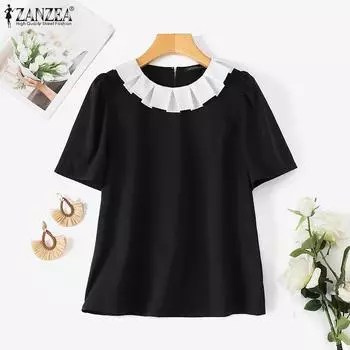 ZANZEA Женская повседневная летняя блузка с короткими рукавами и кукольным воротником M чёрный