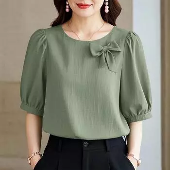 ZANZEA Женская повседневная летняя блузка с круглым вырезом и коротким рукавом зелёный