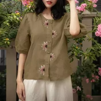 ZANZEA Женская повседневная летняя блузка с круглым вырезом и коротким рукавом с цветочным принтом S