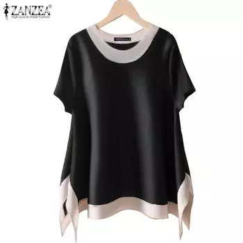 ZANZEA Женская повседневная летняя блузка с круглым вырезом и коротким рукавом S чёрный