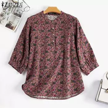 ZANZEA Женская повседневная летняя блузка с круглым вырезом и рукавами 3/4 с цветочным принтом 5XL жёлтый