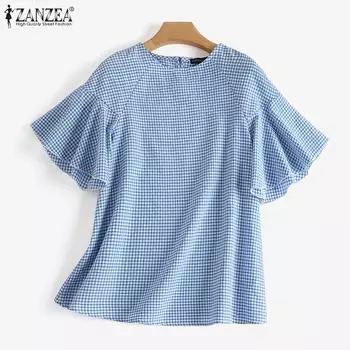 ZANZEA Женская повседневная летняя блузка с круглым вырезом и расклешенными рукавами