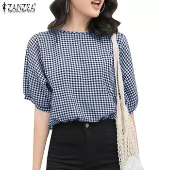 ZANZEA Женская повседневная летняя блузка с круглым вырезом и принтом в сетку до половины рукава 5XL чёрный
