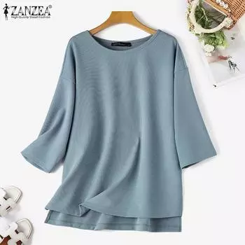 ZANZEA Женская повседневная летняя блузка с круглым вырезом и рукавом 3/4, топы