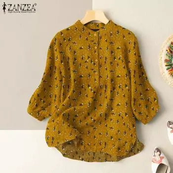 ZANZEA Женская повседневная летняя блузка с круглым вырезом и коротким рукавом с принтом, хлопковые топы