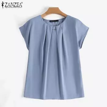 ZANZEA Женская повседневная летняя блузка с круглым вырезом и короткими рукавами