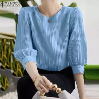 ZANZEA Женская повседневная летняя блузка с круглым вырезом и короткими рукавами, топы