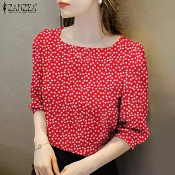 ZANZEA Женская повседневная летняя блузка с круглым вырезом и коротким рукавом с принтом M