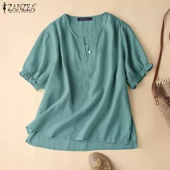 ZANZEA Женская повседневная летняя блузка с круглым вырезом и короткими рукавами 2XL