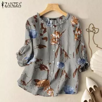 ZANZEA Женская повседневная летняя блузка с круглым вырезом и рукавами 3/4 с принтом