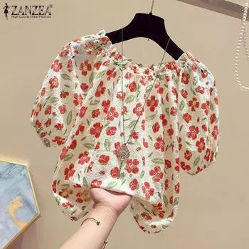 ZANZEA Женская повседневная летняя блузка с круглым вырезом и цветочным принтом до половины рукава