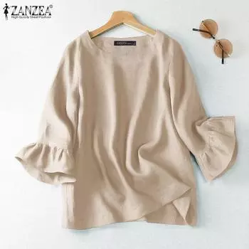 ZANZEA Женская повседневная летняя блузка с круглым вырезом и рукавами 3/4