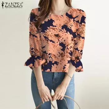 ZANZEA Женская повседневная летняя блузка с круглым вырезом и рукавами 3/4