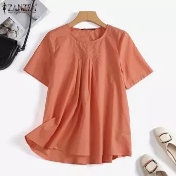 ZANZEA Женская повседневная летняя блузка с круглым вырезом и коротким рукавом S синий