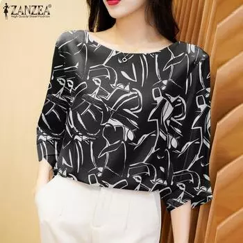 ZANZEA Женская повседневная летняя блузка с круглым вырезом и рукавами 3/4 с принтом