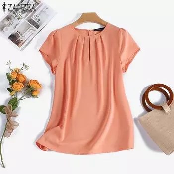 ZANZEA Женская повседневная летняя блузка с круглым вырезом и короткими рукавами, топы 4XL розовый