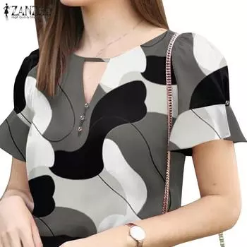 ZANZEA Женская повседневная летняя блузка с круглым вырезом и коротким рукавом с принтом S синий