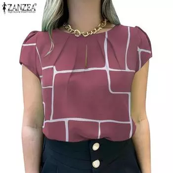 ZANZEA Женская повседневная летняя блузка с круглым вырезом и короткими рукавами с принтом 2XL розовый