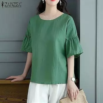 ZANZEA Женская повседневная летняя блузка с круглым вырезом и оборками, рукав до локтя S розовый