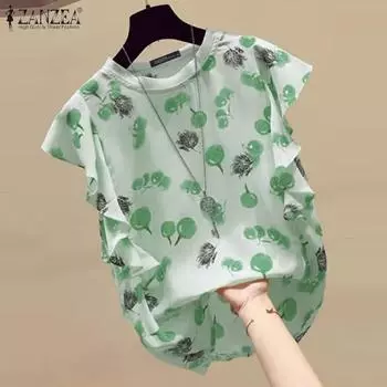 ZANZEA Женская повседневная летняя блузка с круглым вырезом и оборками на рукавах