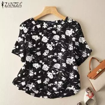 ZANZEA Женская повседневная летняя блузка с круглым вырезом и половиной рукава с принтом 5XL бежевый