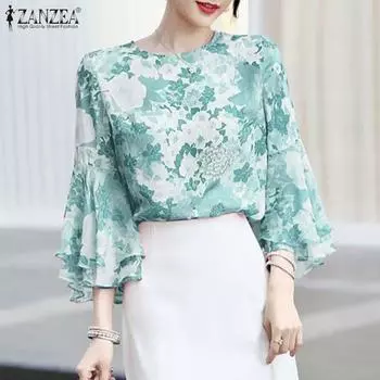 ZANZEA Женская повседневная летняя блузка с круглым вырезом и рукавами 3/4 с принтом M синий