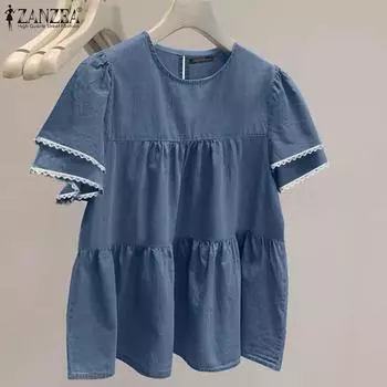 ZANZEA Женская повседневная летняя блузка с круглым вырезом и коротким рукавом S темно-синий