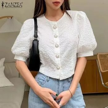ZANZEA Женская повседневная летняя блузка с круглым вырезом на пуговицах и короткими рукавами L белый