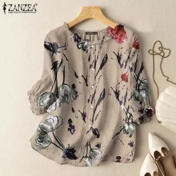 ZANZEA Женская повседневная летняя блузка с круглым вырезом и рукавами 3/4 с принтом