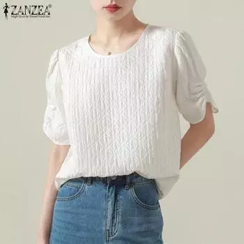 ZANZEA Женская повседневная летняя блузка с круглым вырезом и коротким рукавом