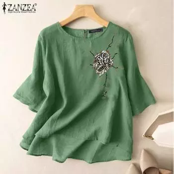 ZANZEA Женская повседневная летняя блузка с круглым вырезом и коротким рукавом с вышивкой 4XL белый