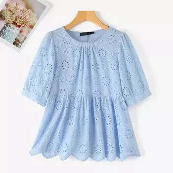 ZANZEA Женская повседневная летняя блузка с круглым вырезом и коротким рукавом, вязаная крючком S розовый