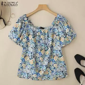 ZANZEA Женская повседневная летняя блузка с круглым вырезом и коротким рукавом с цветочным принтом S розовый