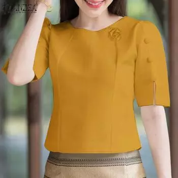 ZANZEA Женская повседневная летняя блузка с круглым вырезом и коротким рукавом темно-розовый