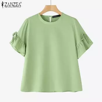 ZANZEA Женская повседневная летняя блузка с круглым вырезом и коротким рукавом S чёрный