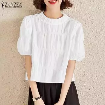 ZANZEA Женская повседневная летняя блузка с круглым вырезом и коротким рукавом S белый