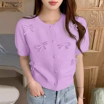 ZANZEA Женская повседневная летняя блузка с круглым вырезом и коротким рукавом S зелёный