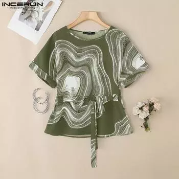 ZANZEA Женская повседневная летняя блузка с круглым вырезом и коротким рукавом с принтом S чёрный