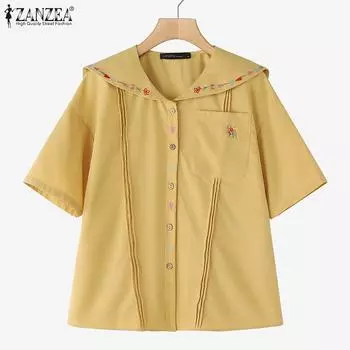 ZANZEA Женская повседневная летняя блузка с круглым вырезом и коротким рукавом с принтом S жёлтый