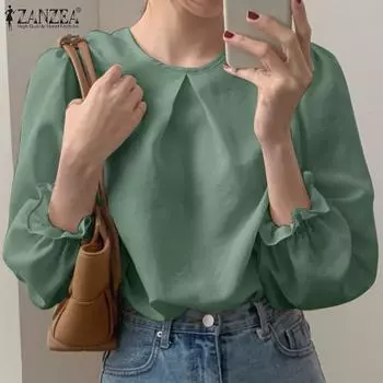 ZANZEA Женская повседневная летняя блузка с круглым вырезом и длинными рукавами