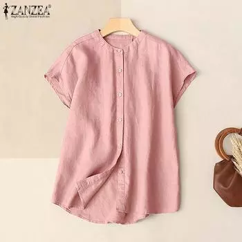 ZANZEA Женская повседневная летняя блузка с круглым вырезом и короткими рукавами