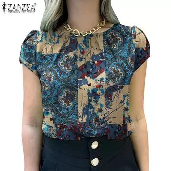 ZANZEA Женская повседневная летняя блузка с круглым вырезом и короткими рукавами с принтом