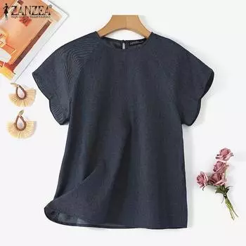 ZANZEA Женская повседневная летняя блузка с круглым вырезом и короткими рукавами, топы