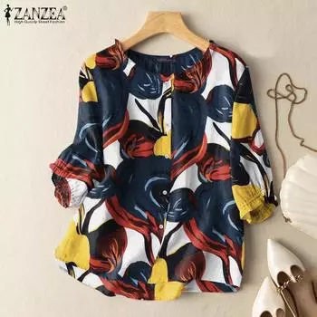 ZANZEA Женская повседневная летняя блузка с круглым вырезом и рукавами 3/4 3XL хаки