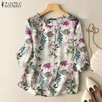 ZANZEA Женская повседневная летняя блузка с круглым вырезом и рукавами 3/4 с цветочным принтом S жёлтый