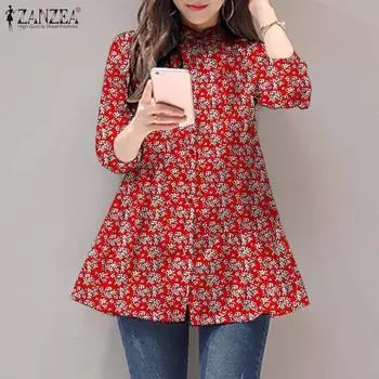 ZANZEA Женская повседневная летняя блузка с круглым вырезом и рукавами 3/4 с цветочным принтом S темно-синий