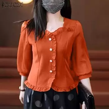 ZANZEA Женская повседневная летняя блузка в стиле пэчворк с квадратным вырезом и рукавом 3/4 M чёрный